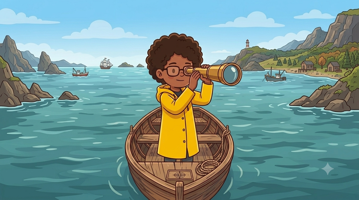 Illustration : une jeune femme en ciré jaune, debout dans une barque, scrute l'horizon à la longue-vue