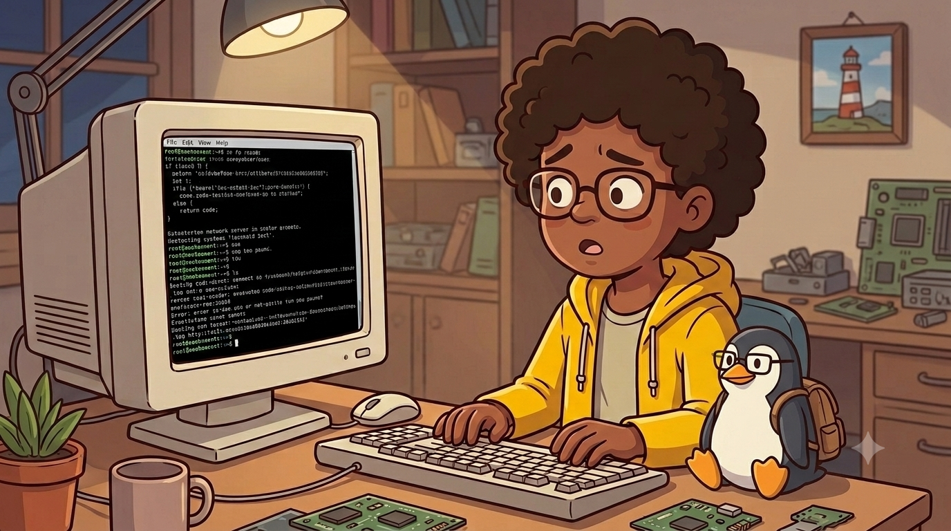 Illustration : une jeune femme perplexe devant un vieil ordinateur affichant un terminal, un manchot en peluche posé à côté du clavier