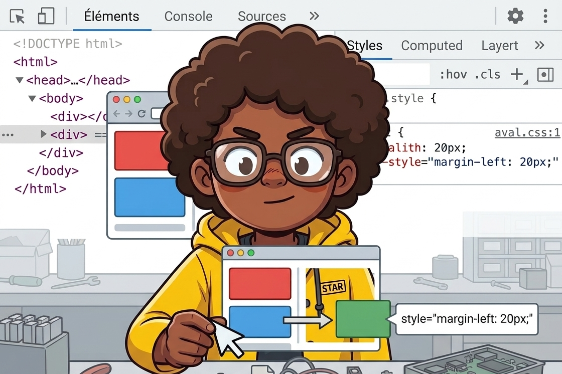 Illustration : une jeune femme en sweat jaune devant les outils de développement d'un navigateur, montrant une mise en page HTML/CSS